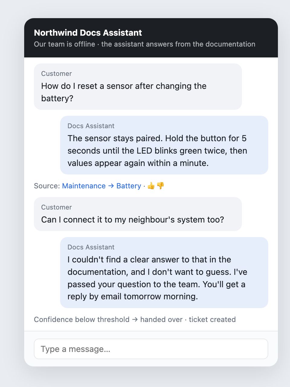 The documentation bot answers with a source, and hands over when it isn't sure